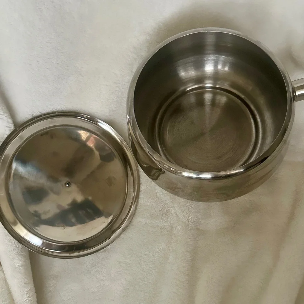 Vintage Mid Century Stainless Steel Fondue Sauce‎ Pot Wood Handle Lid